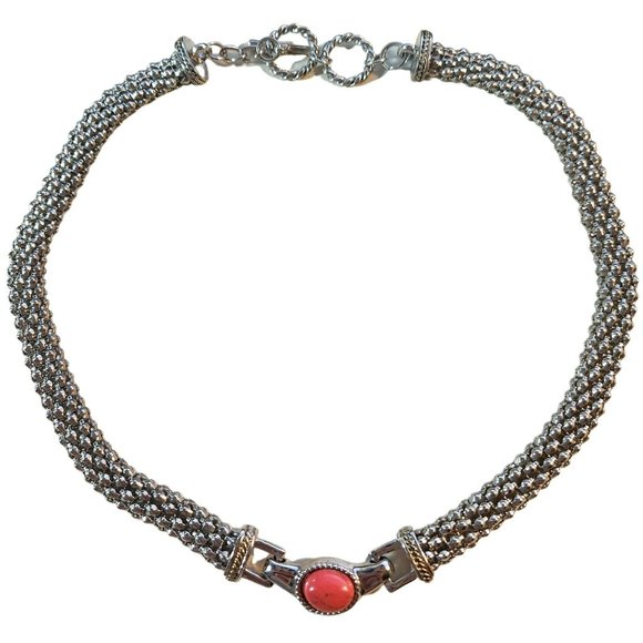 Rope Chain Choker Style Necklace Oval Coral Pendant Toggle Clasp 19" - Picture 1 of 5